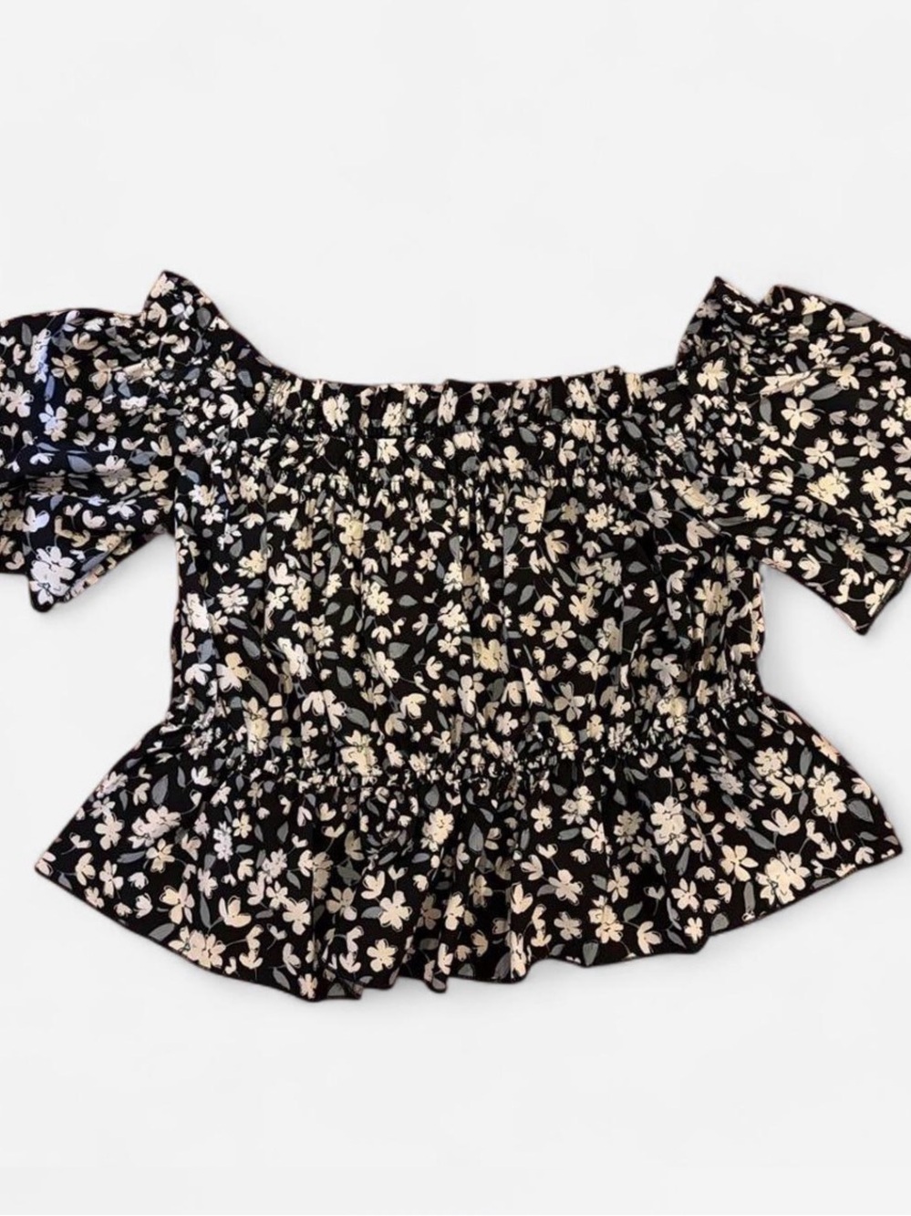 SHEIN Black Cream Floral Off-Shoulder Peplum Top